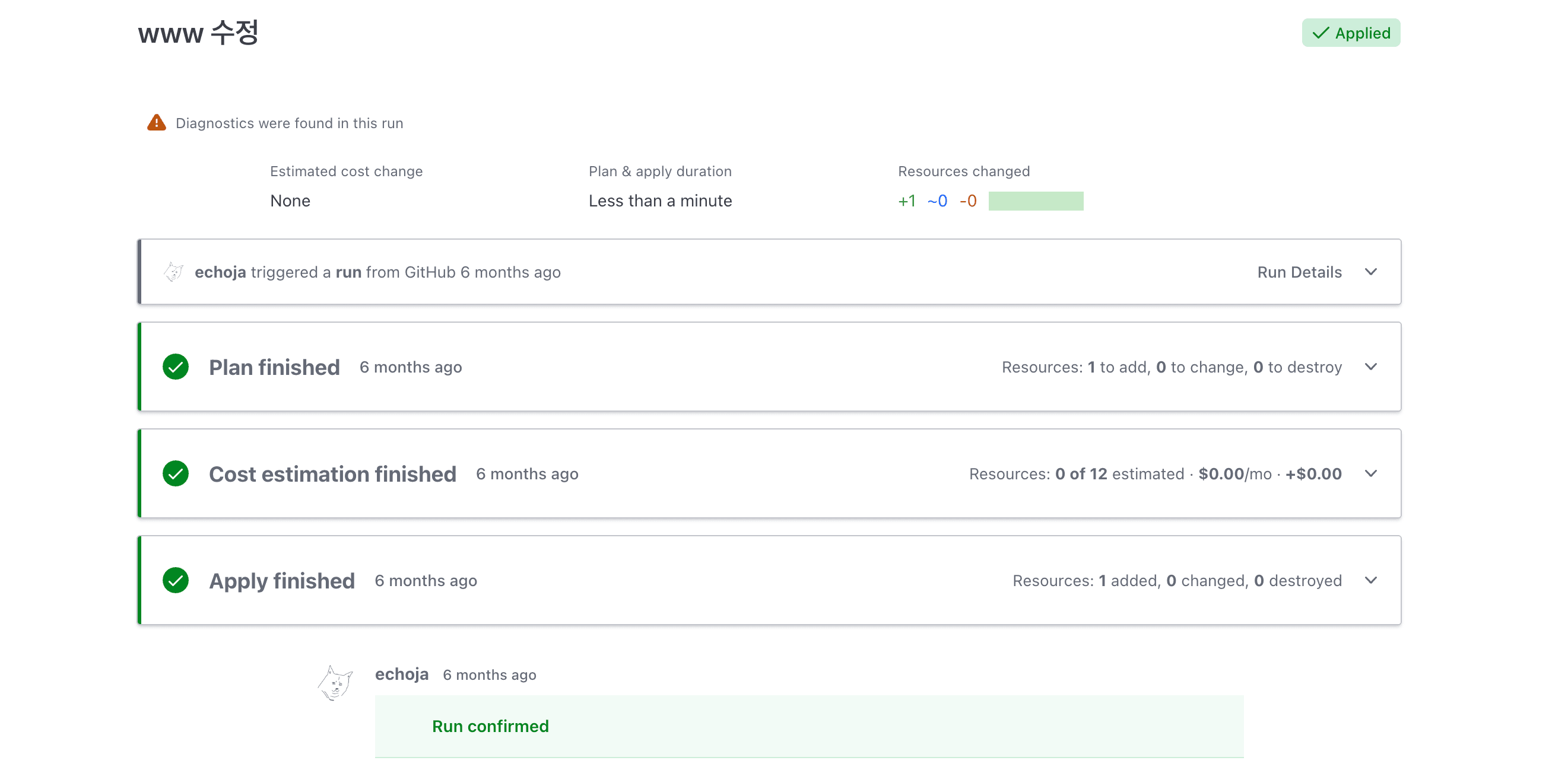 Run 하나의 상세 모습. 변경점과 각 단계의 성공 여부를 볼 수 있다.